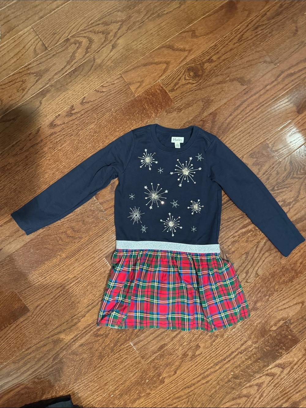 Hatley Navy Top with Gold Starburst and Red Green Plaid Skirt Kids Dress